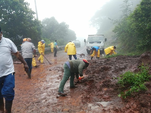 Servidores públicos despejan vía de acceso después de un derrumbe en el trayecto Las Sabanas-El Cipián.
